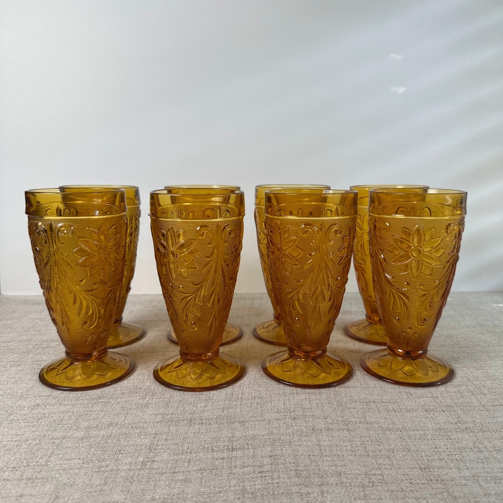 Vintage Tiara Indiana Glass Amber Sandwich Water Goblets Set of 8